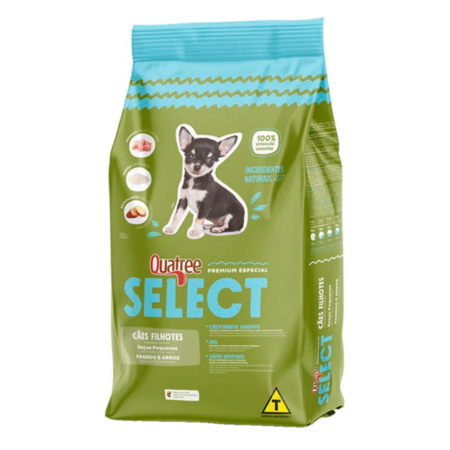 RAÇÃO QUATREE SELECT CÃES FILHOTES RAÇAS PEQUENAS SABOR FRANGO E ARROZ 20 KG