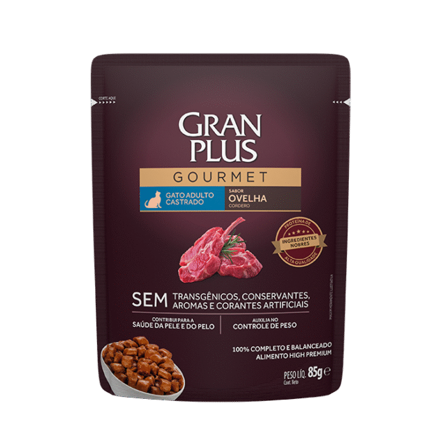 RAÇÃO ÚMIDA GRAN PLUS SACHÊ  PARA GATOS CASTRADOS SABOR OVELHA - 85g