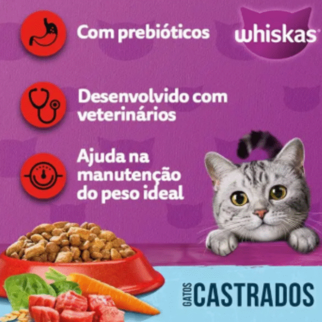 RACÃO WHISKAS GATO ADULTO CASTRADOS SABOR CARNE.10.1kg - Imagem 3
